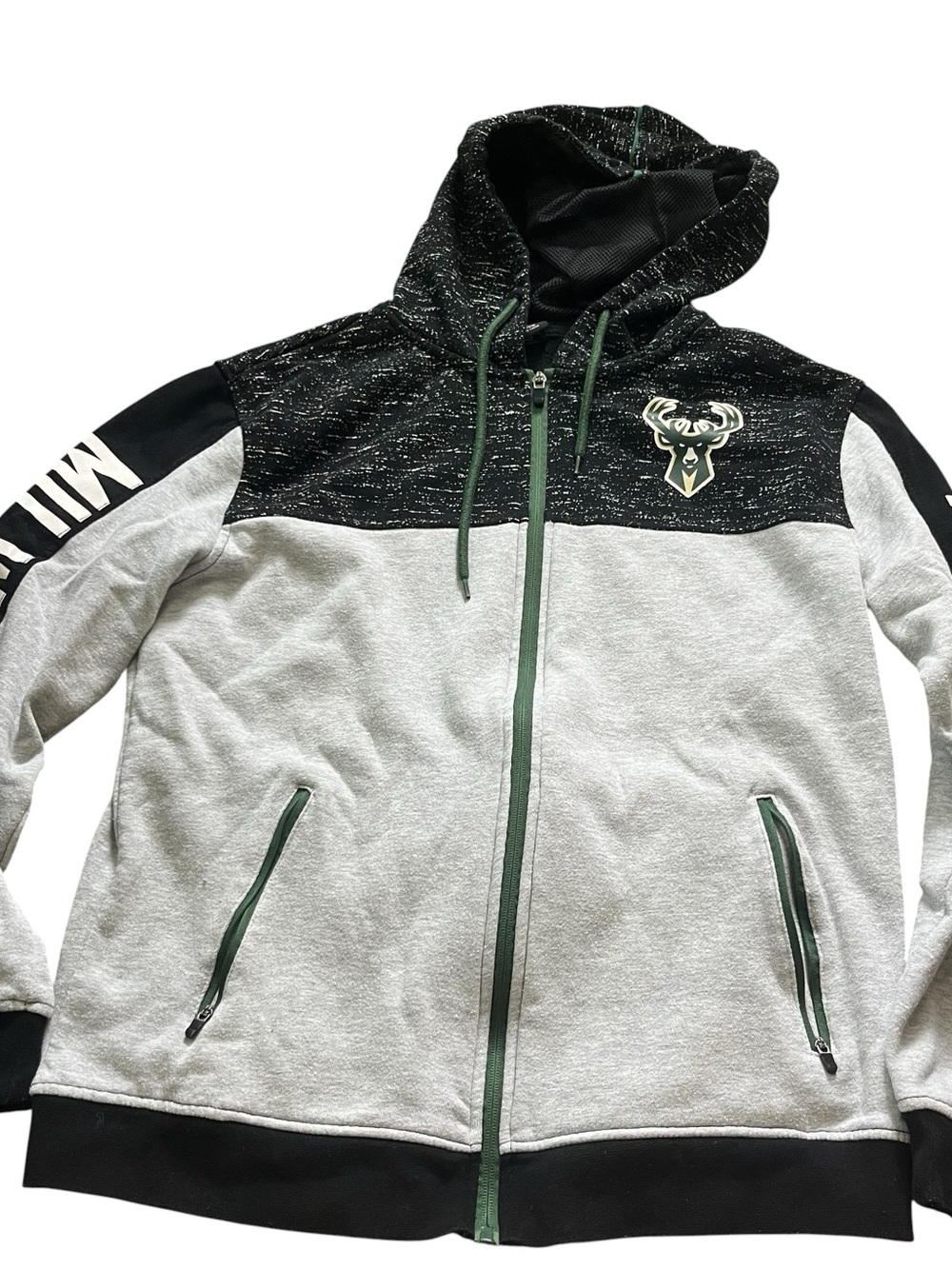 NBA Mens Milwaukee Bucks Green Black Full-Zip Hoodie Front Back Graphic Size M